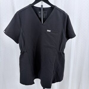 Figs Scrub Top Women's  M Black Technical Collection Short Sleeve ruched waist